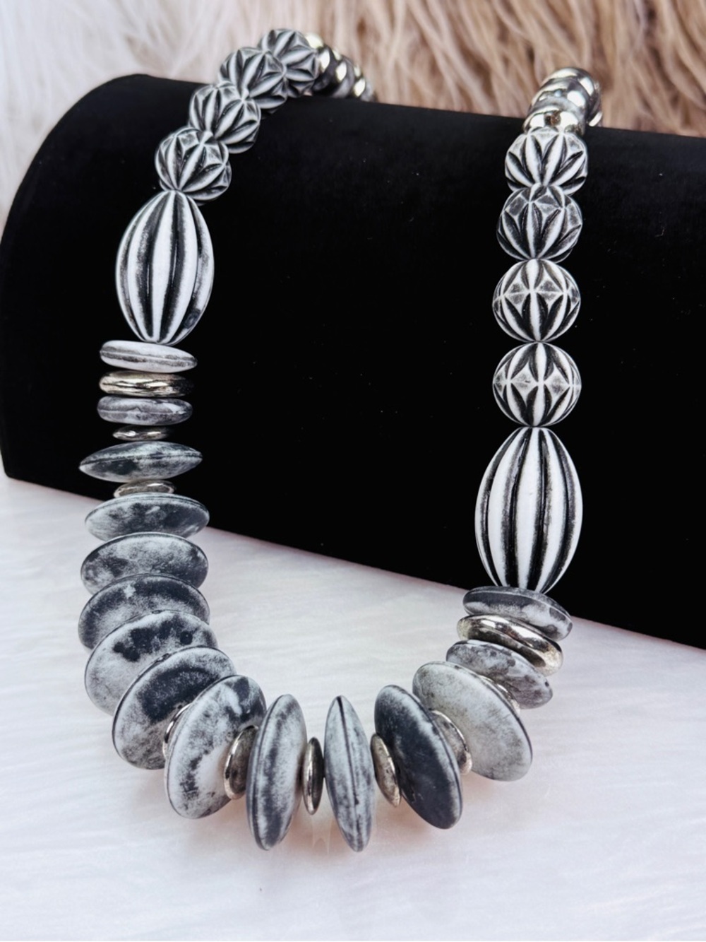 Beautiful, bohemian tribal long grays layering costume necklace